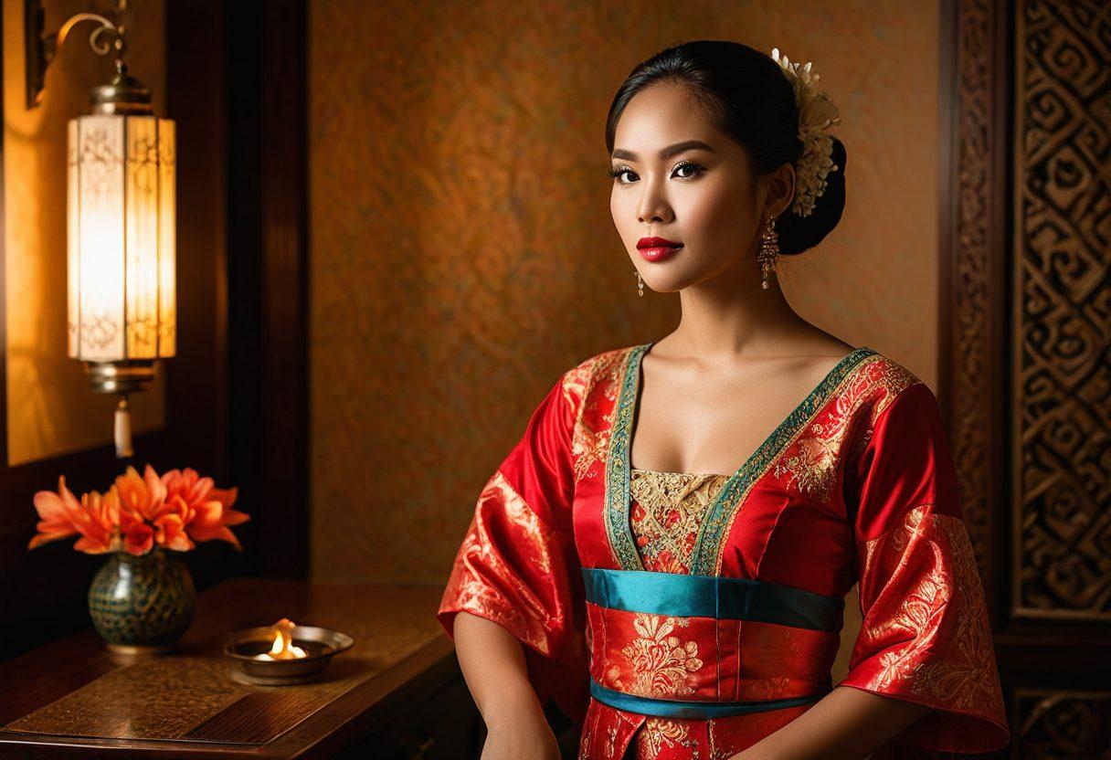 An elegant and seductive Filipina woman in traditional attire, blending modern sensuality with cultural elements, set against a backdrop of dimly lit, luxurious surroundings. The image should express allure and sophistication, capturing the mystique and grace of Filipina beauty. painting. vibrant colors. rich, intimate lighting.