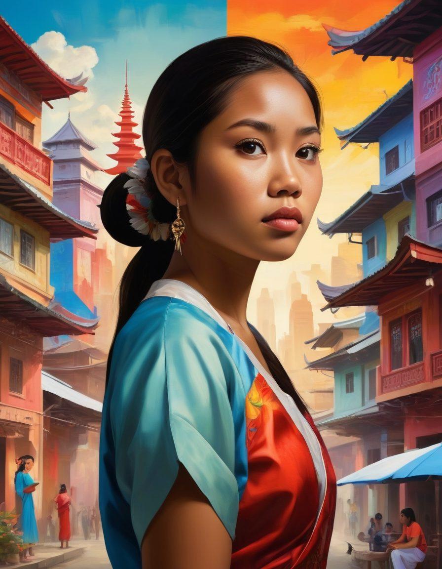 A thought-provoking scene depicting the contrast between freedom and societal judgment: a young Filipina woman confidently standing on one side with digital elements like tablets and smartphones showcasing her work, while silhouettes of disapproving figures and traditional cultural symbols loom on the other side, creating a visual tension. The backdrop is a modern cityscape blended with traditional Filipino architecture, highlighting the cultural clash. painting. vibrant colors.