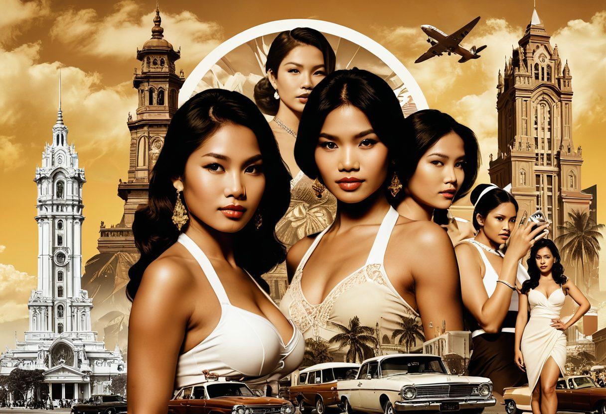 A collage capturing the timeline of Filipina adult entertainment, starting with sepia-toned vintage film reels and black-and-white photos evolving into colorful modern digital media screens, set against a backdrop of iconic Filipino landmarks. Emphasize the impact and transformation of the industry through years, showing both traditional and contemporary elements. Stylish and respectful representation. Vibrant colors, mixed media style.